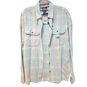 Dickies Women Oversize Flannel Winter Shirt Size M Soft Gray Turquoise Plaid